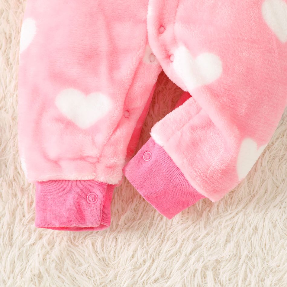 Baby Heart Shape Pattern Allover Fluffy Long-sleeve Jumpsuit Pink