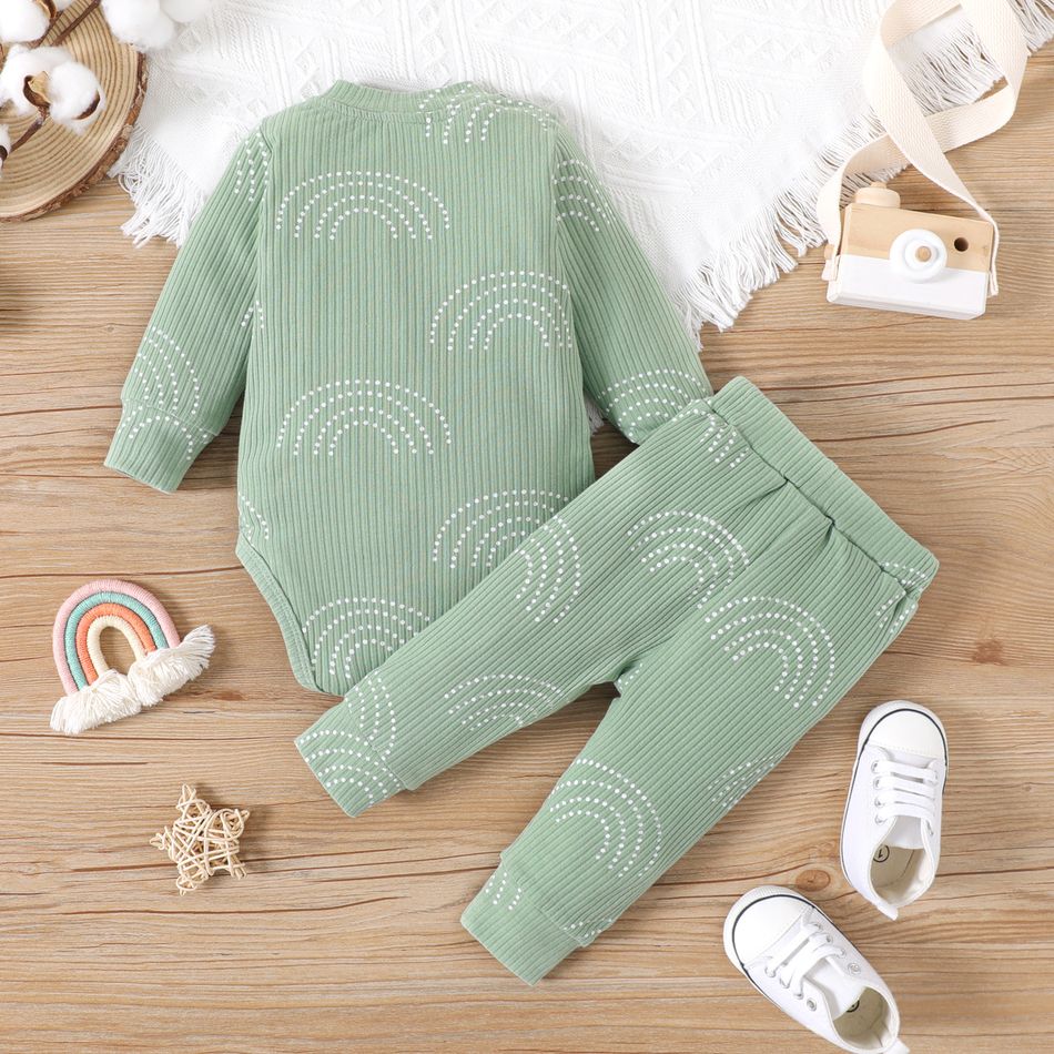 2pcs Baby Boy/Girl 95% Cotton Ribbed Rainbow Print Long-sleeve Romper and Pants Set Green big image 3