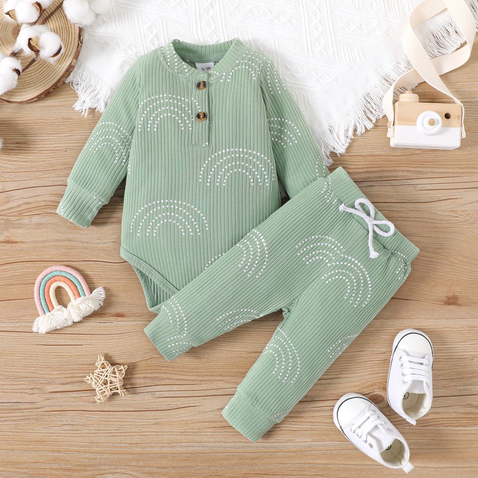 2pcs Baby Boy/Girl 95% Cotton Ribbed Rainbow Print Long-sleeve Romper and Pants Set Green big image 1