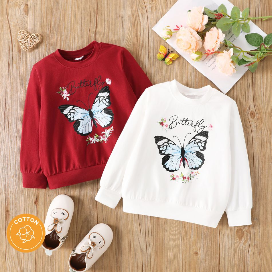Toddler Girl Letter Butterfly Print Cotton Pullover Sweatshirt White big image 2