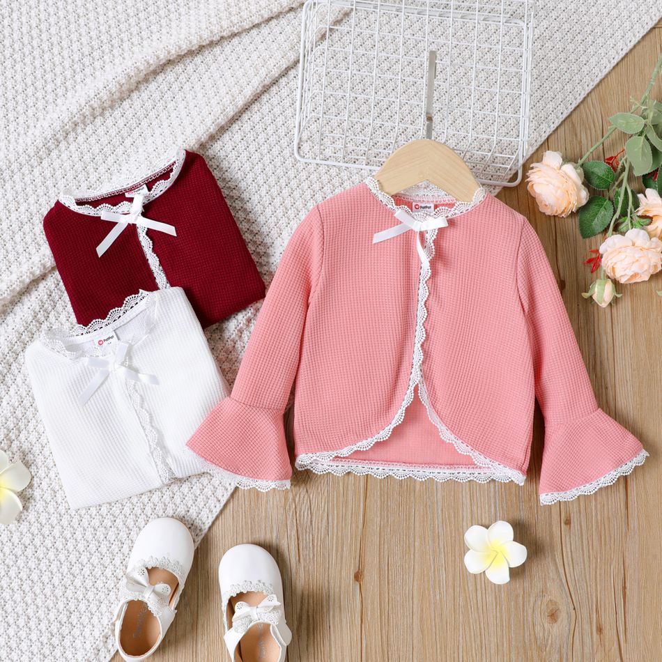 Toddler Girl Lace Trim Bowknot Design Bell sleeves Jacket Cardigan Pink big image 2