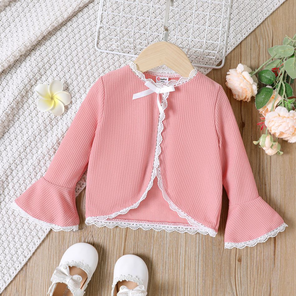 Toddler Girl Lace Trim Bowknot Design Bell sleeves Jacket Cardigan Pink