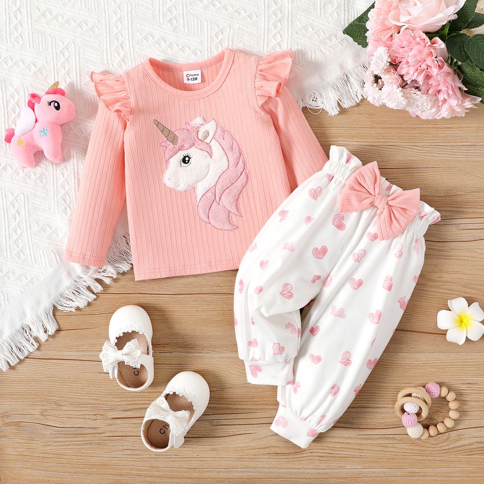 2pcs Baby Girl Unicorn Embroidered Pink Ribbed Ruffle Long-sleeve Top and Bow Front Allover Heart Print Pants Set PinkyWhite