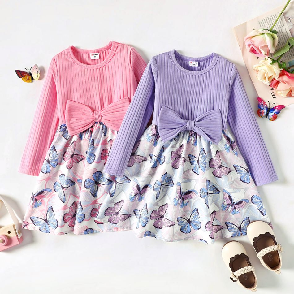 Toddler Girl Ribbed Bowknot Design Butterfly Print Splice Long-sleeve Dress Purple big image 2