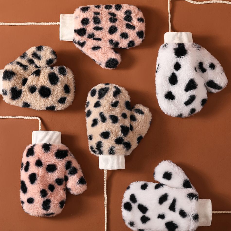 Toddler Leopard Pattern Fleece Lined Mittens Gloves with String Beige big image 2