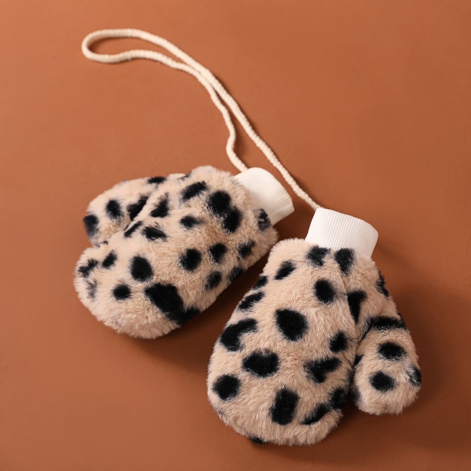 Toddler Leopard Pattern Fleece Lined Mittens Gloves with String Beige big image 5