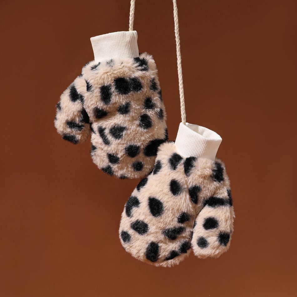 Toddler Leopard Pattern Fleece Lined Mittens Gloves with String Beige