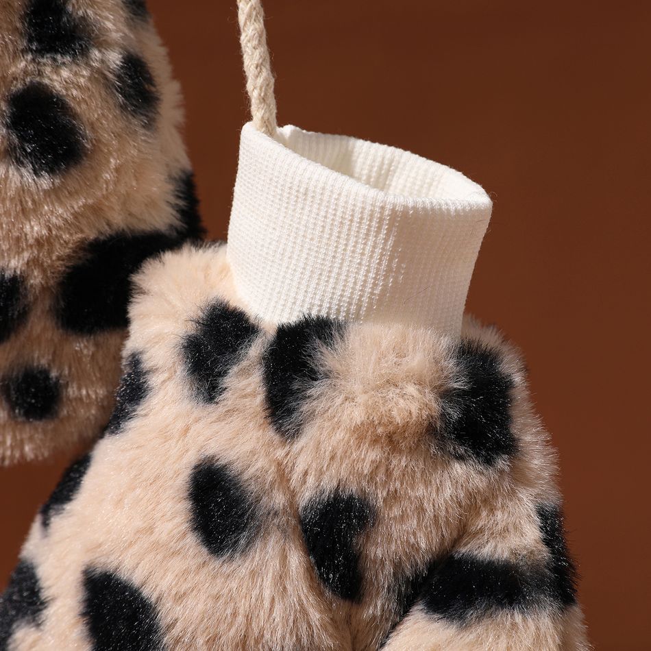 Toddler Leopard Pattern Fleece Lined Mittens Gloves with String Beige big image 6