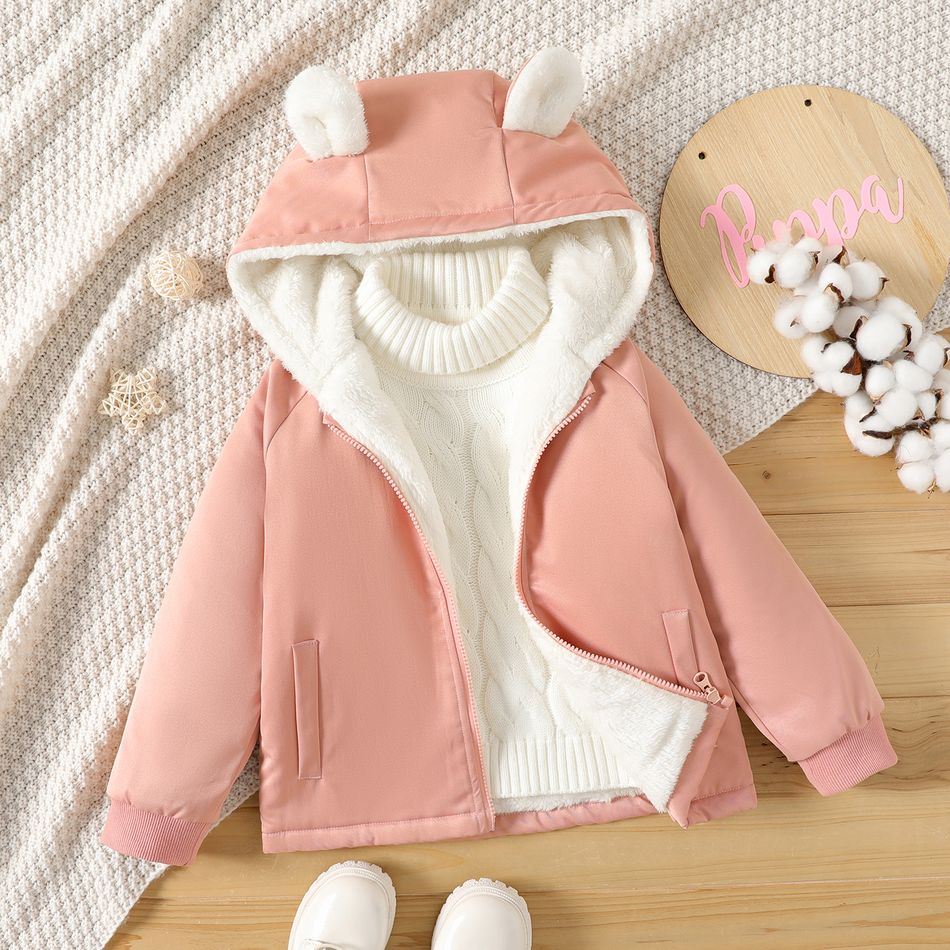 Kid Boy/Kid Girl 3D Ear Design Solid Color Fleece Hooded Coat Pink big image 1