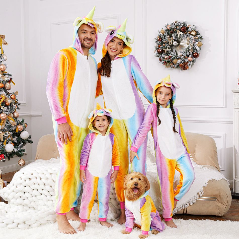 Family Matching Unicorn Design Hooded Long-sleeve Colorful Thickened Coral Fleece Onesies Pajamas (Flame Resistant) Colorful big image 3
