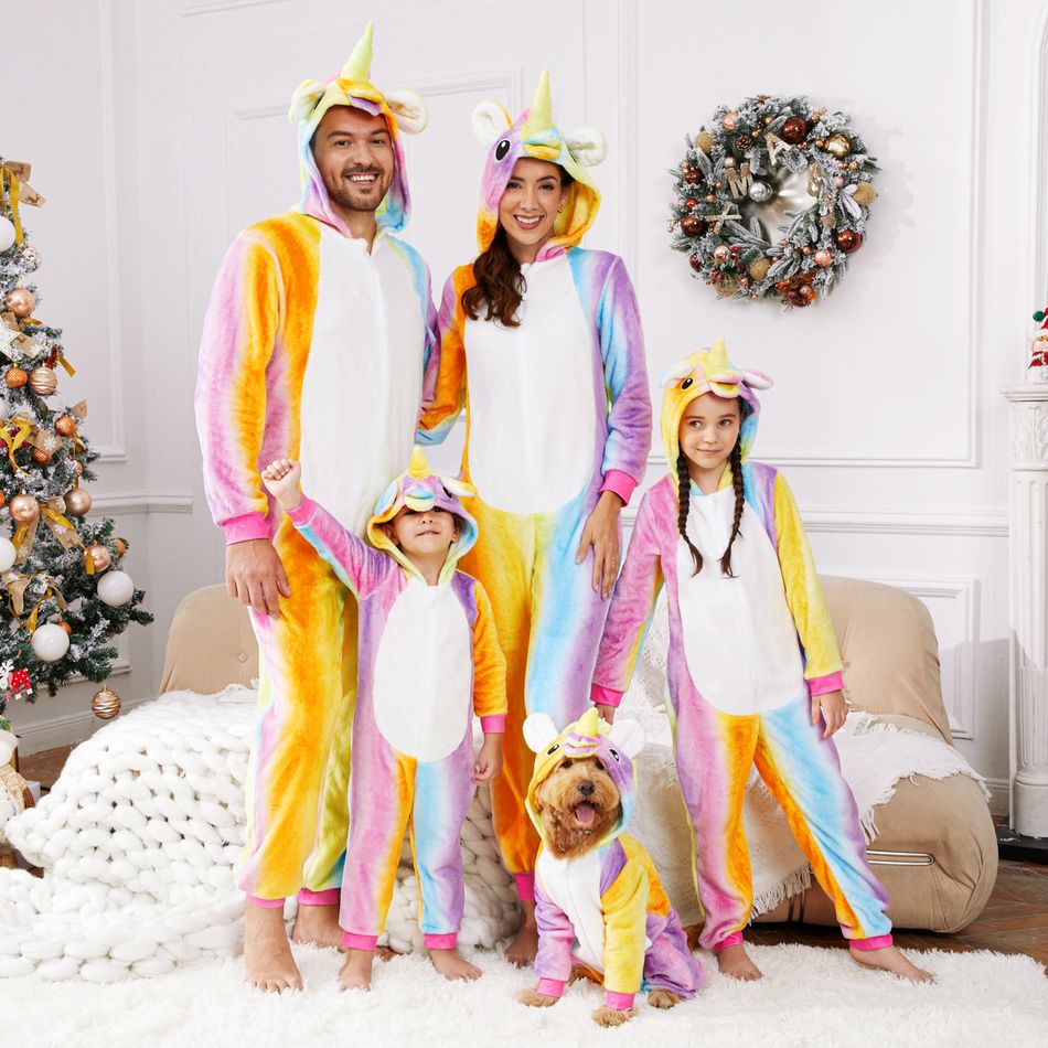 Family Matching Unicorn Design Hooded Long-sleeve Colorful Thickened Coral Fleece Onesies Pajamas (Flame Resistant) Colorful big image 4