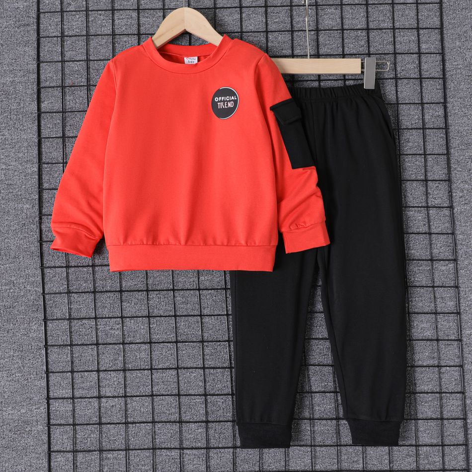 2pcs Kid Boy Letter Print Sweatshirt and Elasticized Pants Set Red