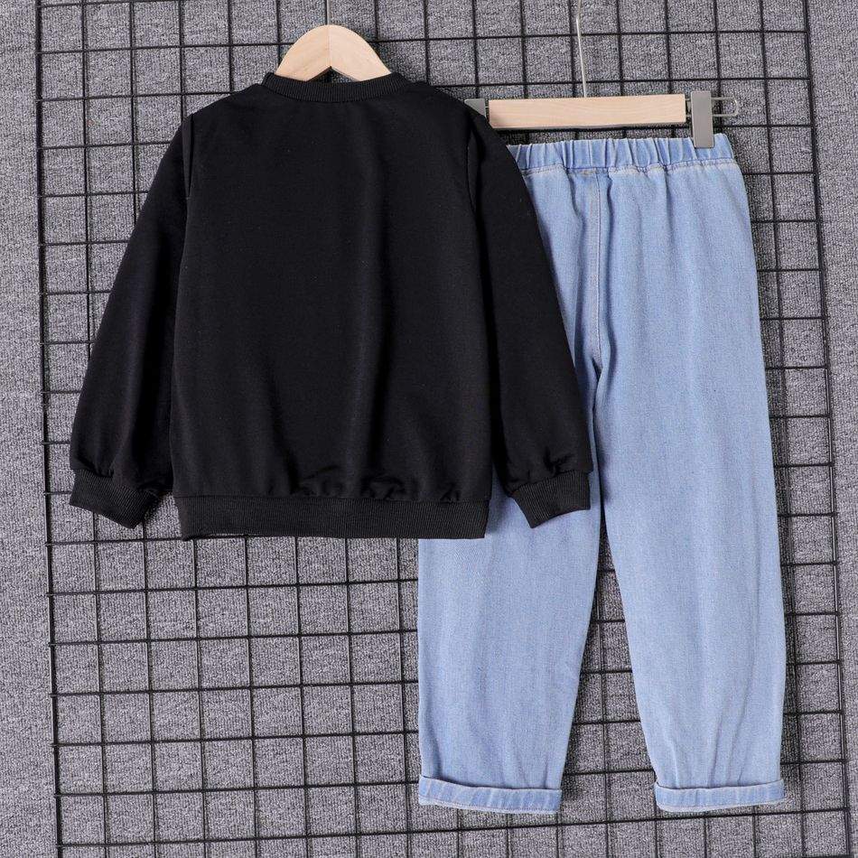 2pcs Kid Boy Letter Print Black Sweatshirt and Elasticized Denim Jeans Set Black big image 2