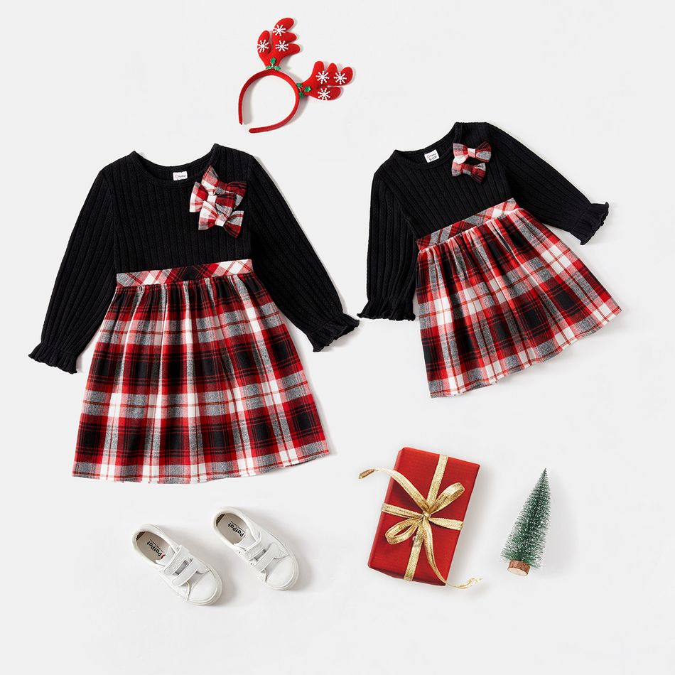Christmas Sibling Matching Solid Knitted Long-sleeve Spliced Red Plaid Bow Front Dresses ColorBlock big image 1