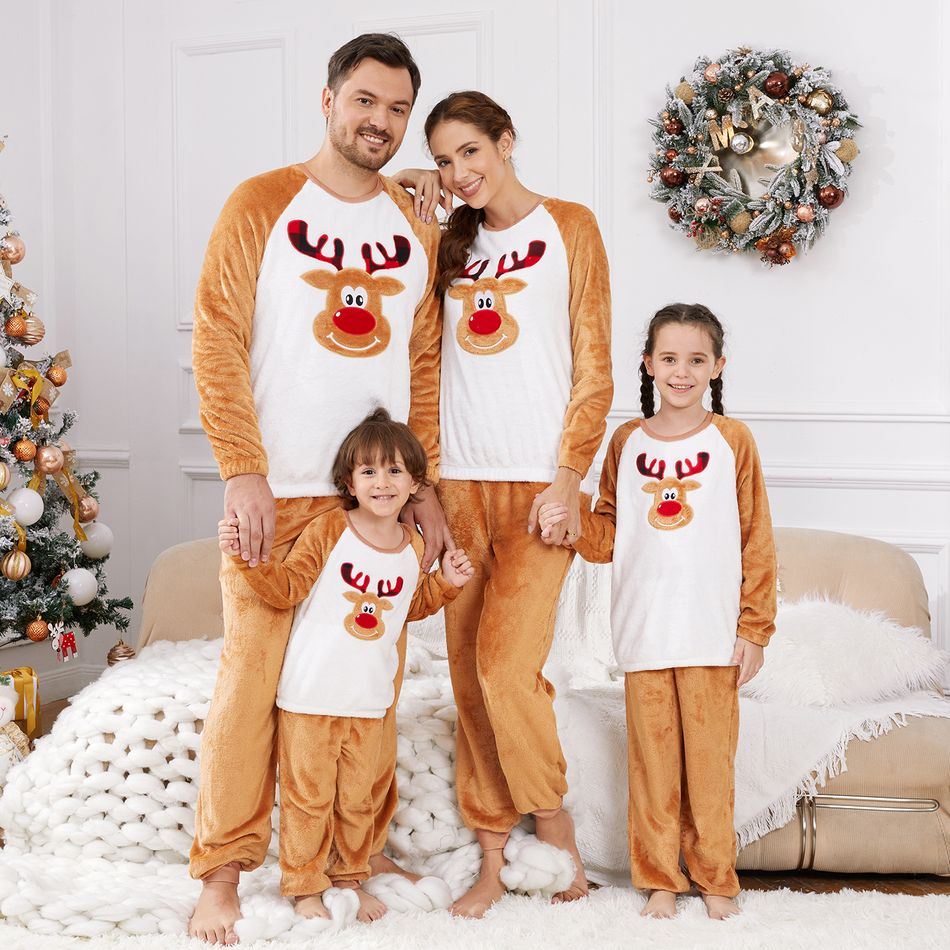 Christmas Family Matching Thickened Coral Fleece Raglan-sleeve Deer Graphic Pajamas Sets (Flame Resistant) ColorBlock big image 5