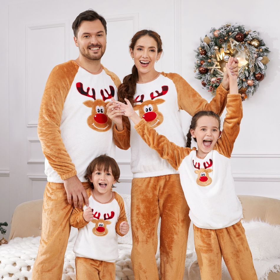 Christmas Family Matching Thickened Coral Fleece Raglan-sleeve Deer Graphic Pajamas Sets (Flame Resistant) ColorBlock big image 2