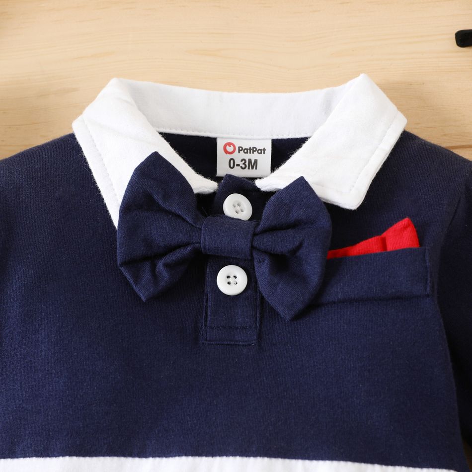 Baby Boy 95% Cotton Bow Tie Decor Contrast Collar Long-sleeve Spliced Jumpsuit Party Outfit BLUEWHITE big image 3