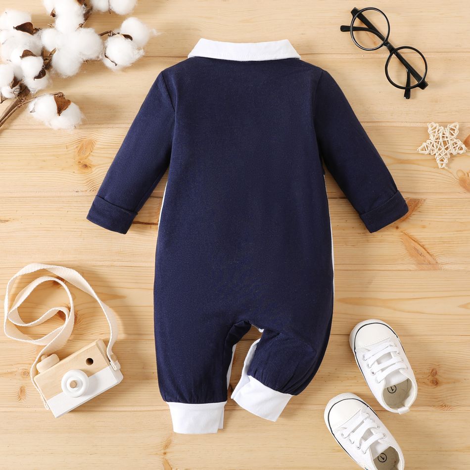 Baby Boy 95% Cotton Bow Tie Decor Contrast Collar Long-sleeve Spliced Jumpsuit Party Outfit BLUEWHITE big image 2