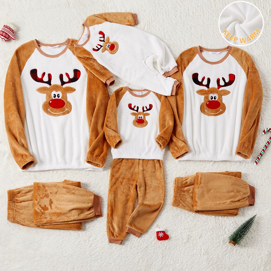 Christmas Family Matching Thickened Coral Fleece Raglan-sleeve Deer Graphic Pajamas Sets (Flame Resistant) ColorBlock