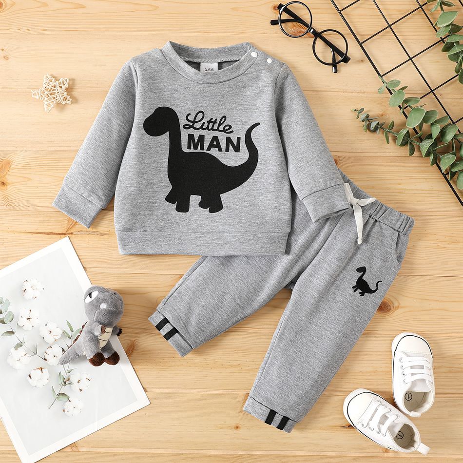 2pcs Baby Boy Dinosaur & Letter Print Grey Long-sleeve Sweatshirt and Sweatpants Set flowergrey big image 1