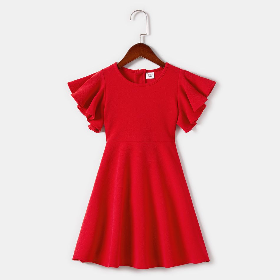 Valentine's Day Mommy and Me Red Textured Ruffle-sleeve A-line Dresses Red big image 3