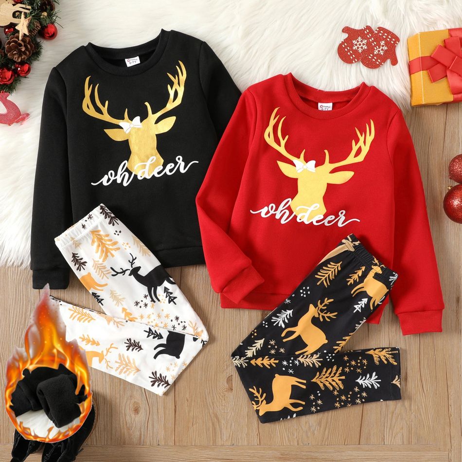 2pcs Kid Girl Christmas Deer Glitter Print Fleece Lined Sweatshirt and Pants Set Black big image 2