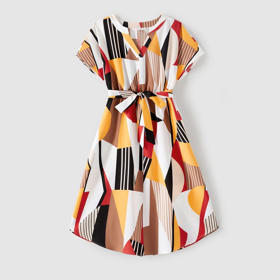 Family Matching 95% Cotton T-shirts and Allover Geo Print V Neck Short-sleeve Belted Dresses Sets Colorful big image 2