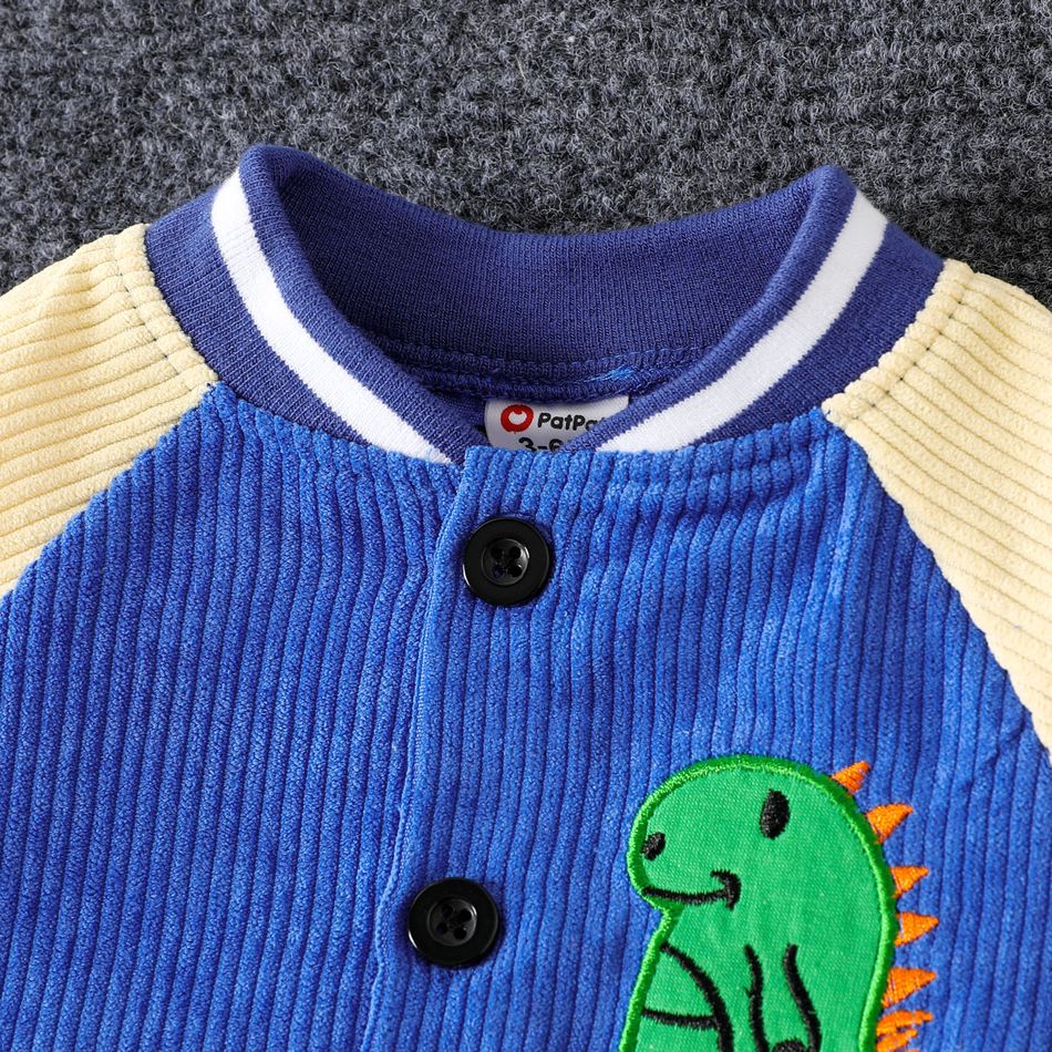 2pcs Baby Boy Dinosaur Embroidered Contrast Raglan Sleeve Corduroy Jacket and Pants Set MultiColour big image 3