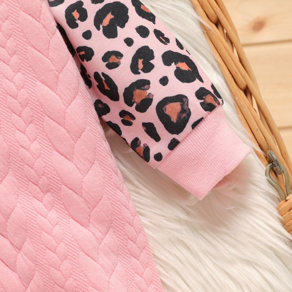 Baby Girl Leopard Hooded Long-sleeve Spliced Imitation Knitting Jumpsuit Pink big image 4