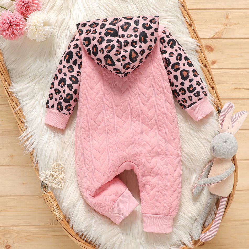 Baby Girl Leopard Hooded Long-sleeve Spliced Imitation Knitting Jumpsuit Pink big image 2