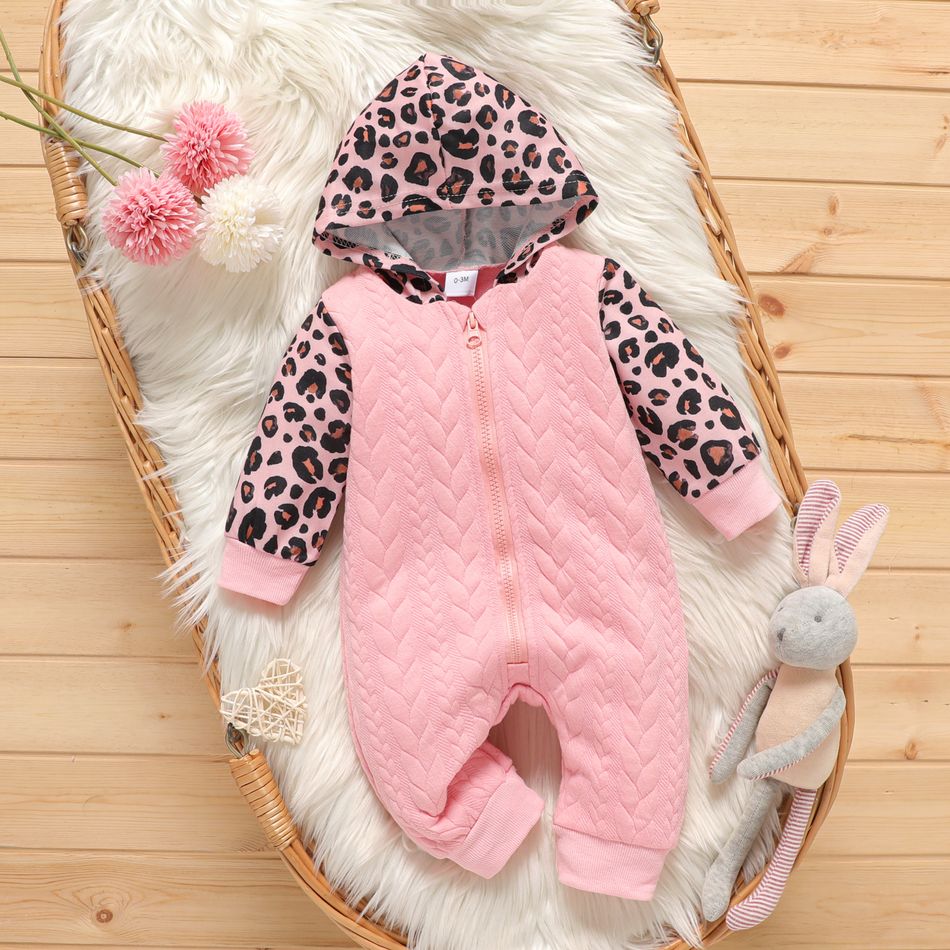 Baby Girl Leopard Hooded Long-sleeve Spliced Imitation Knitting Jumpsuit Pink