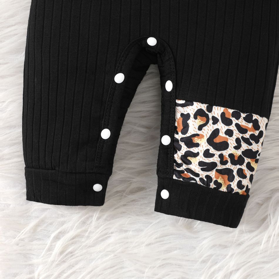3pcs Baby Girl Letter Print Black Long-sleeve Jumpsuit and Leopard Print Hat with Headband Set Black big image 3