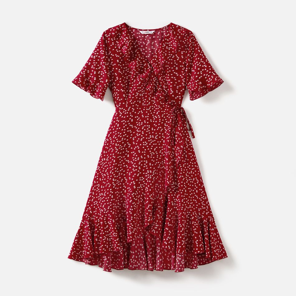 Mommy and Me Allover Floral Print Ruffle Trim Short-sleeve Surplice Neck Self Tie Wrap Dresses Scarlet big image 2