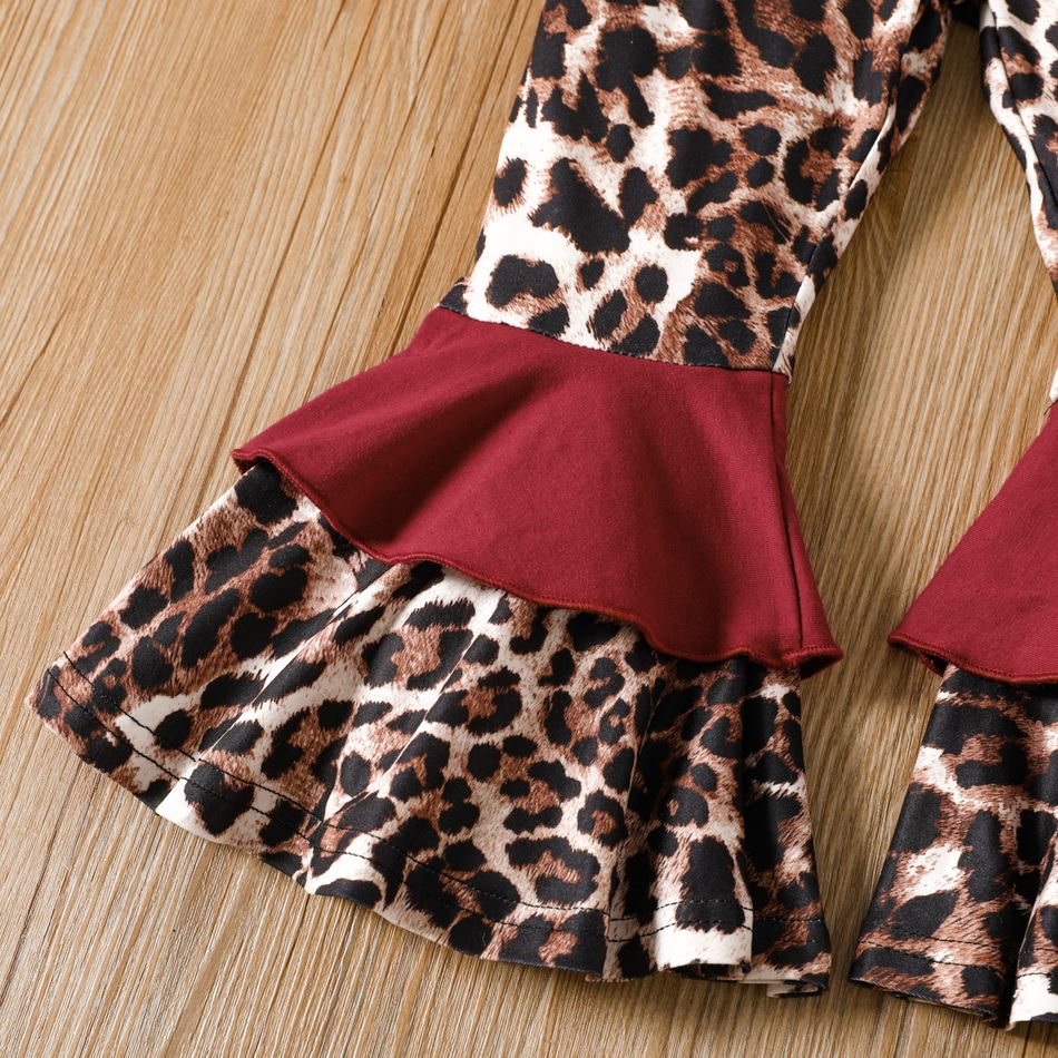 2pcs Toddler Girl Sweet Bell sleeves Cotton Tee and Leopard Print Flared Pants Set Burgundy big image 7