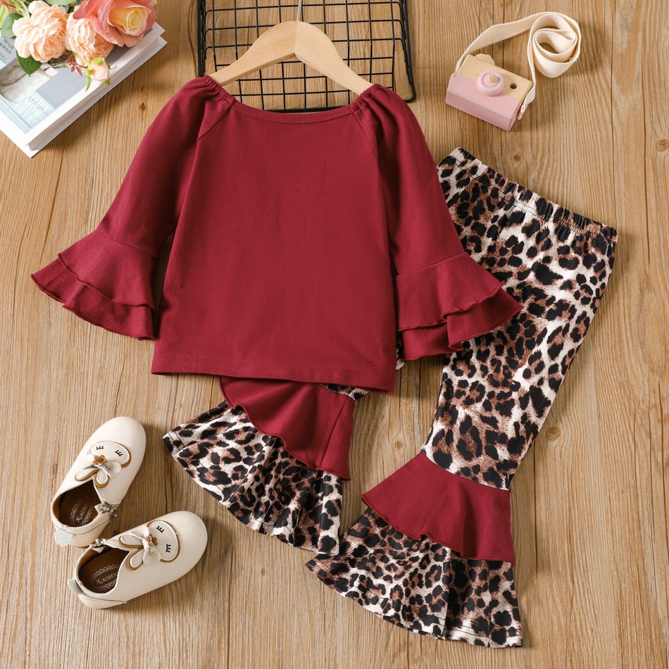 2pcs Toddler Girl Sweet Bell sleeves Cotton Tee and Leopard Print Flared Pants Set Burgundy big image 1