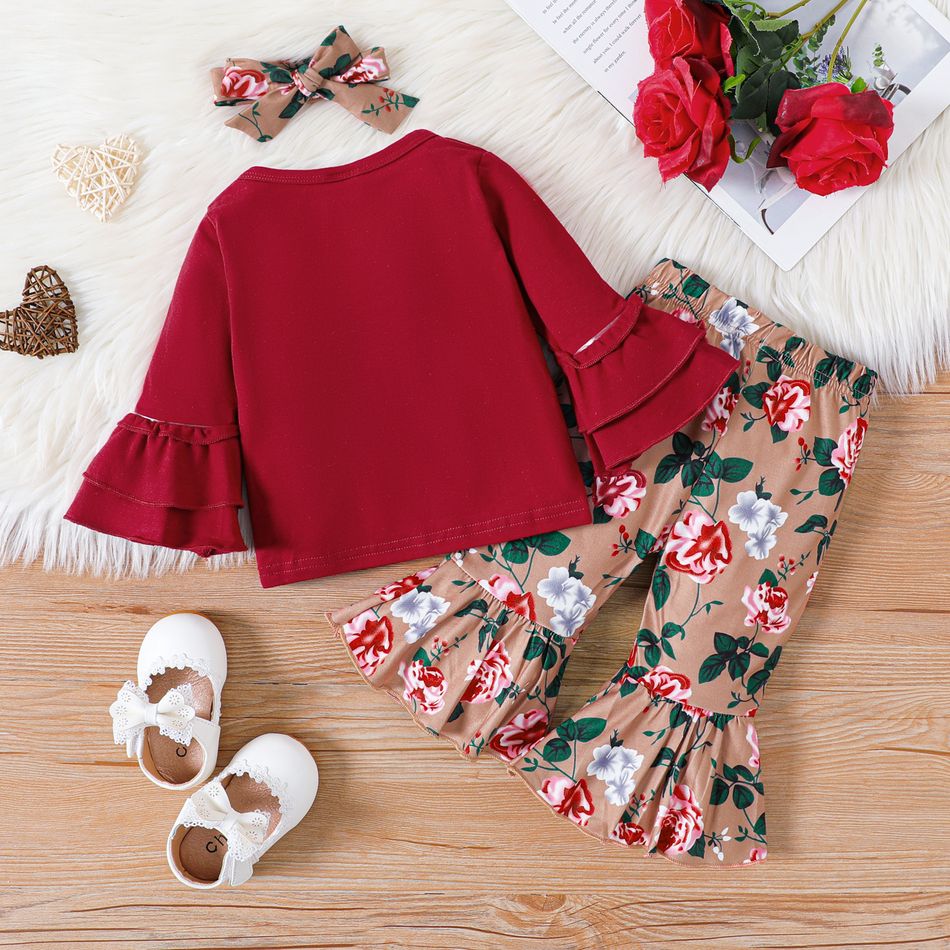 3pcs Baby Girl 95% Cotton Bell-sleeve Letter Print Tee and Allover Rose Floral Print Flared Pants with Headband Set Burgundy big image 2