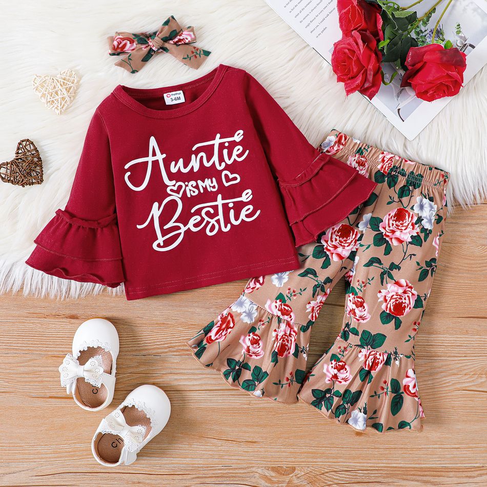 3pcs Baby Girl 95% Cotton Bell-sleeve Letter Print Tee and Allover Rose Floral Print Flared Pants with Headband Set Burgundy big image 1