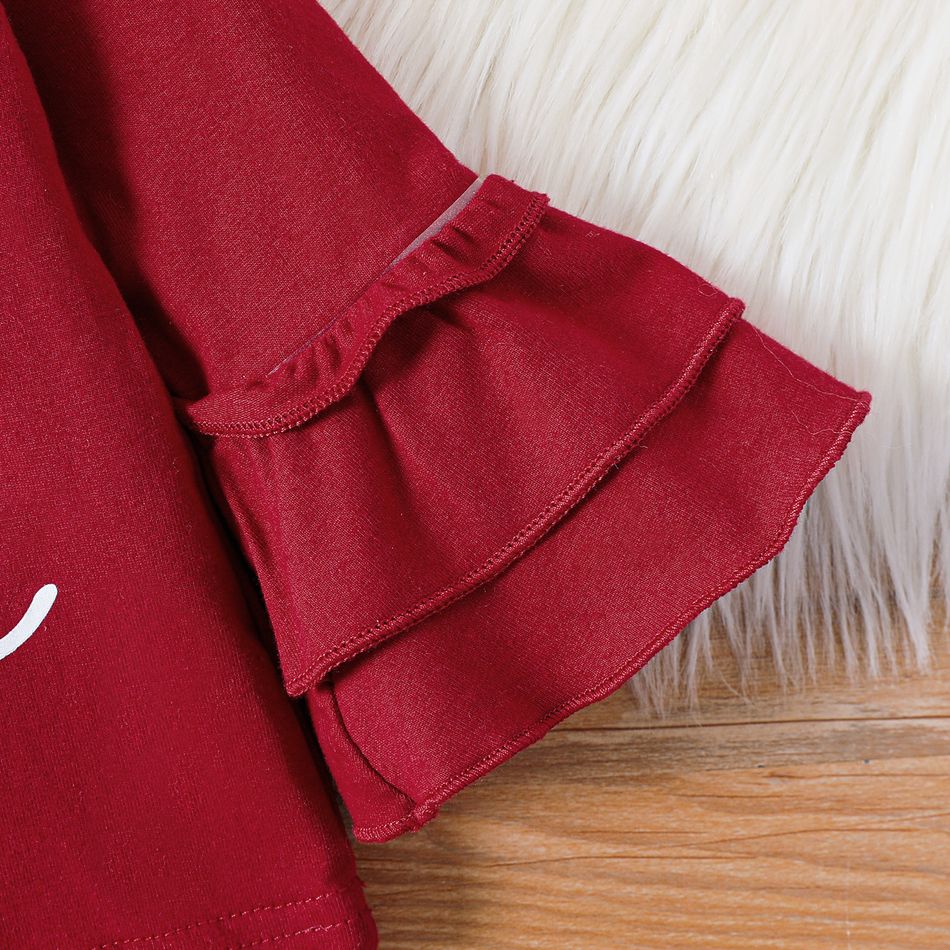 3pcs Baby Girl 95% Cotton Bell-sleeve Letter Print Tee and Allover Rose Floral Print Flared Pants with Headband Set Burgundy big image 3