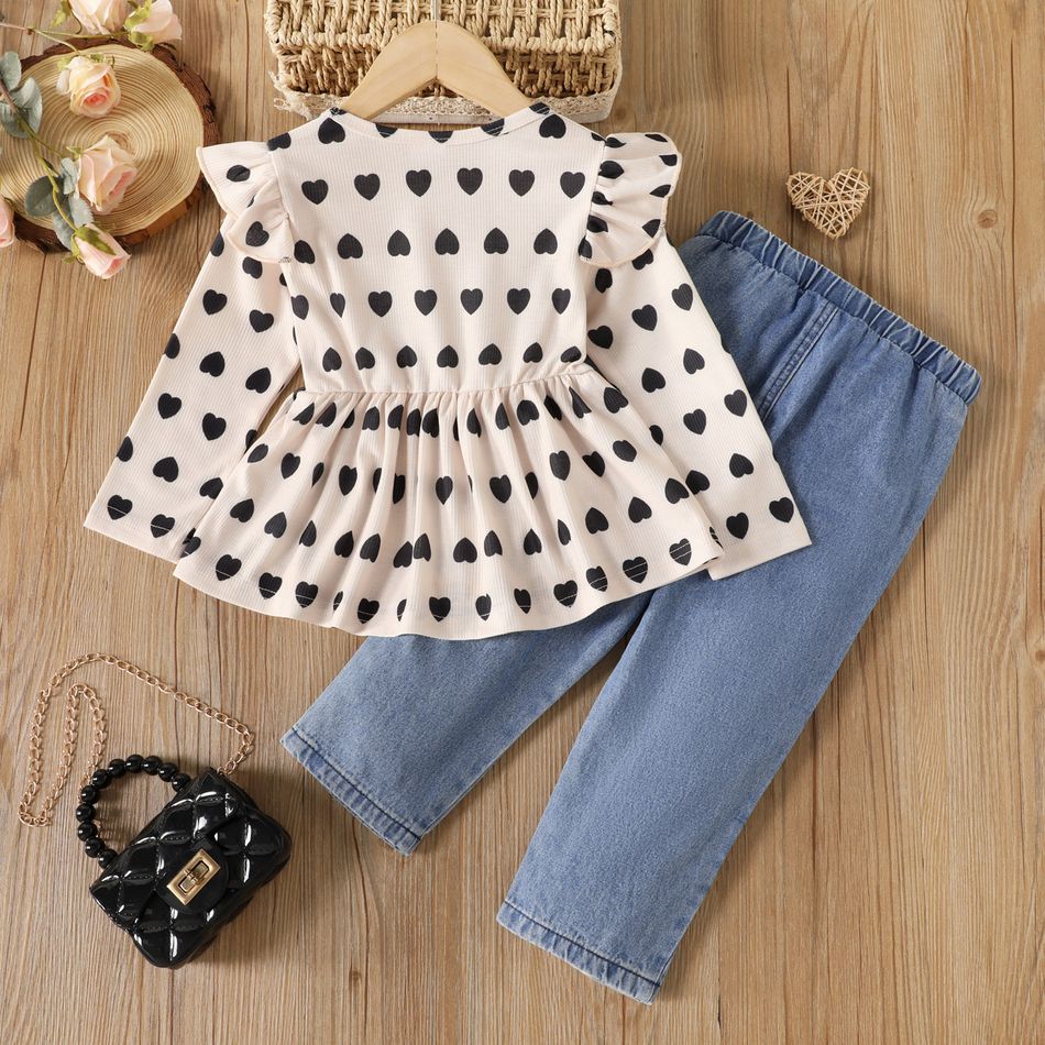 2pcs Toddler Girl Sweet Ripped Denim Jeans and Heart Print Tee Set Apricot big image 2