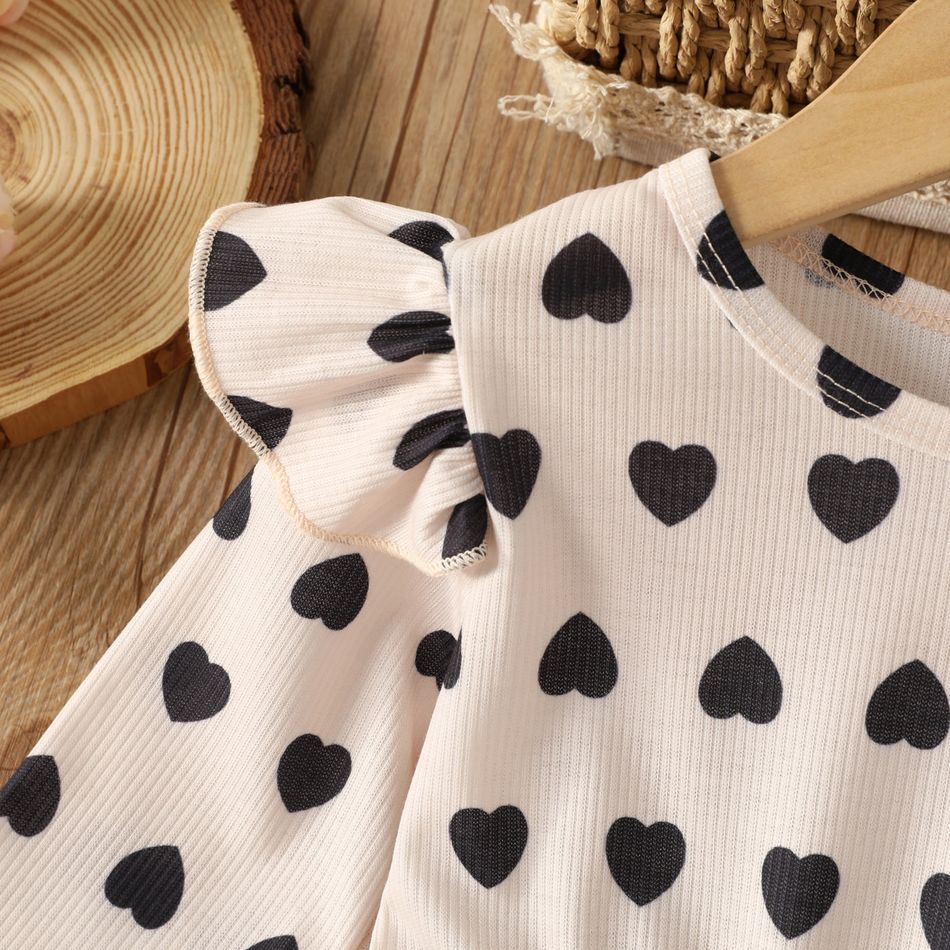 2pcs Toddler Girl Sweet Ripped Denim Jeans and Heart Print Tee Set Apricot big image 3