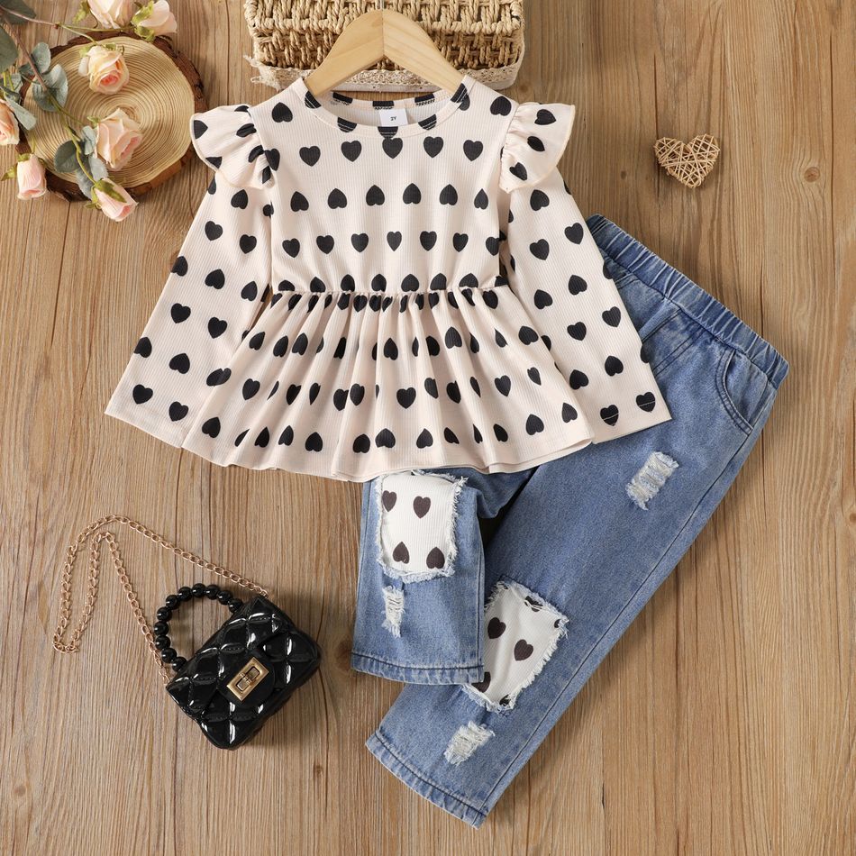 2pcs Toddler Girl Sweet Ripped Denim Jeans and Heart Print Tee Set Apricot big image 1