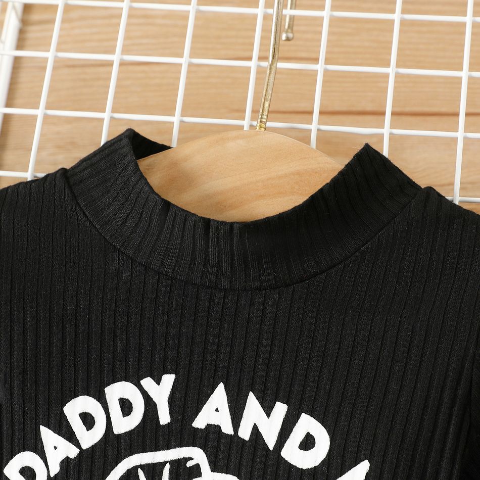 Baby Boy/Girl Fist & Letter Print Black Ribbed Mock Neck Long-sleeve Romper Black big image 3