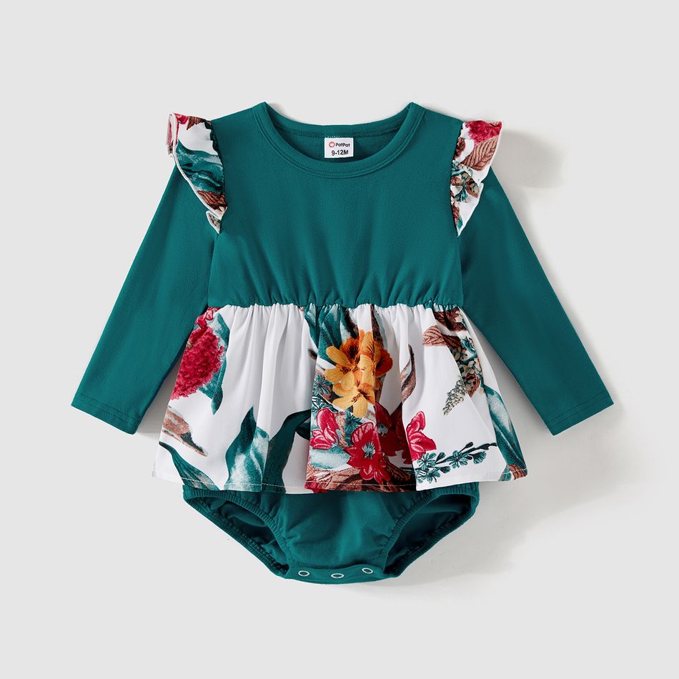 Family Matching 95% Cotton Colorblock Polo Shirts and Long-sleeve Spliced Floral Print Midi Dresses Sets DeepTurquoise big image 7
