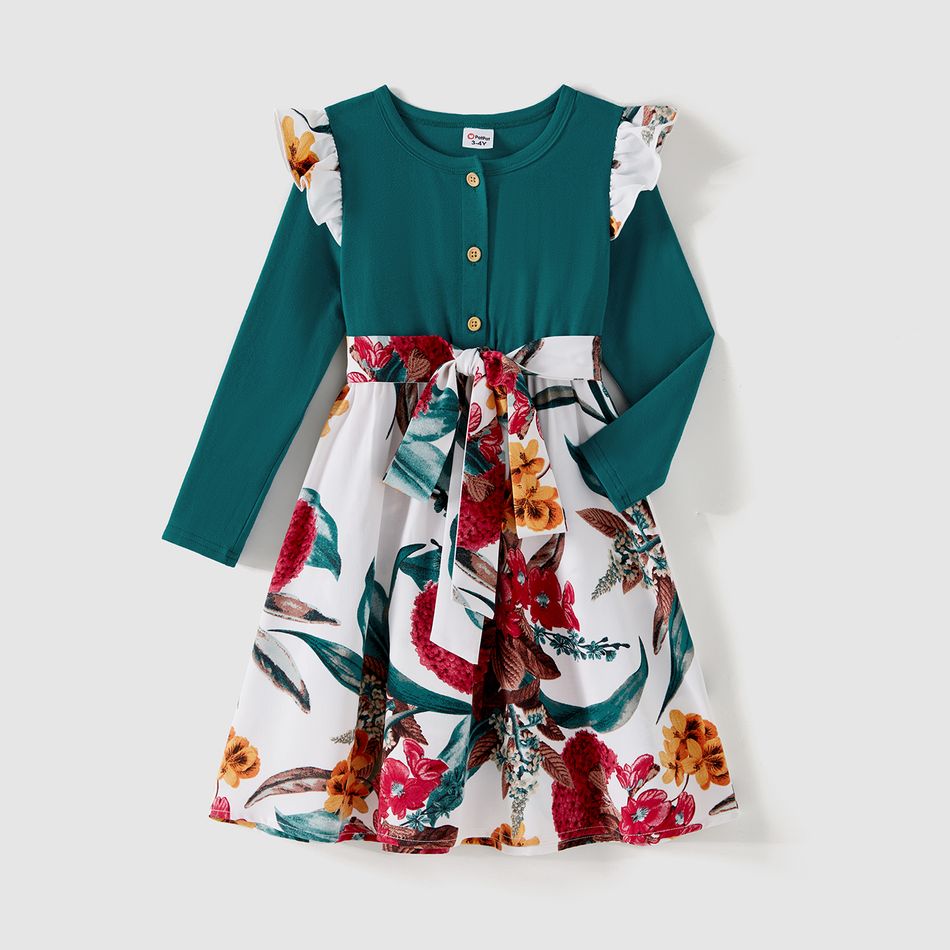 Family Matching 95% Cotton Colorblock Polo Shirts and Long-sleeve Spliced Floral Print Midi Dresses Sets DeepTurquoise big image 6