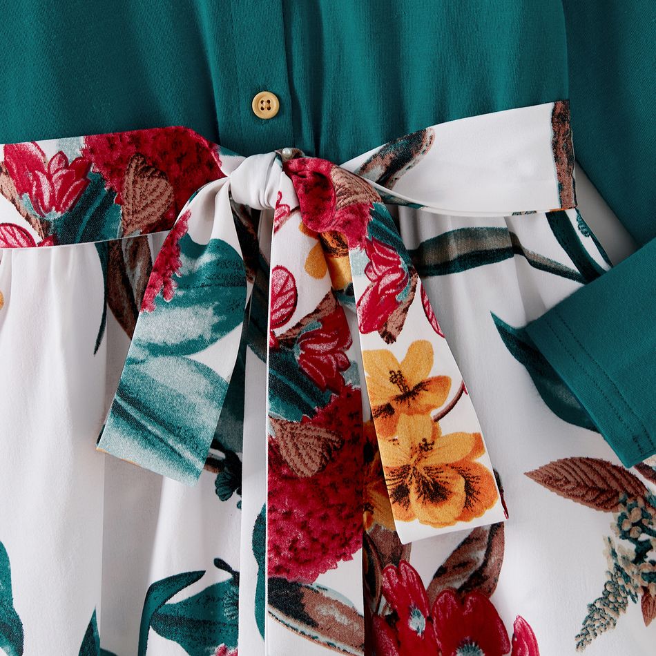 Family Matching 95% Cotton Colorblock Polo Shirts and Long-sleeve Spliced Floral Print Midi Dresses Sets DeepTurquoise big image 4
