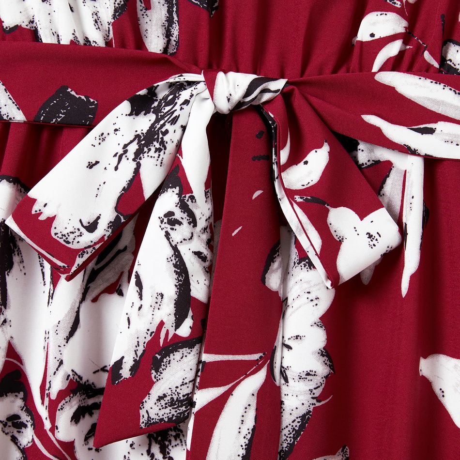 Family Matching Allover Floral Print Belted Dresses and Colorblock Raglan-sleeve T-shirts Sets WineRed big image 3
