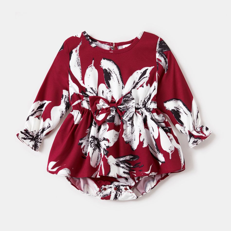 Family Matching Allover Floral Print Belted Dresses and Colorblock Raglan-sleeve T-shirts Sets WineRed big image 8