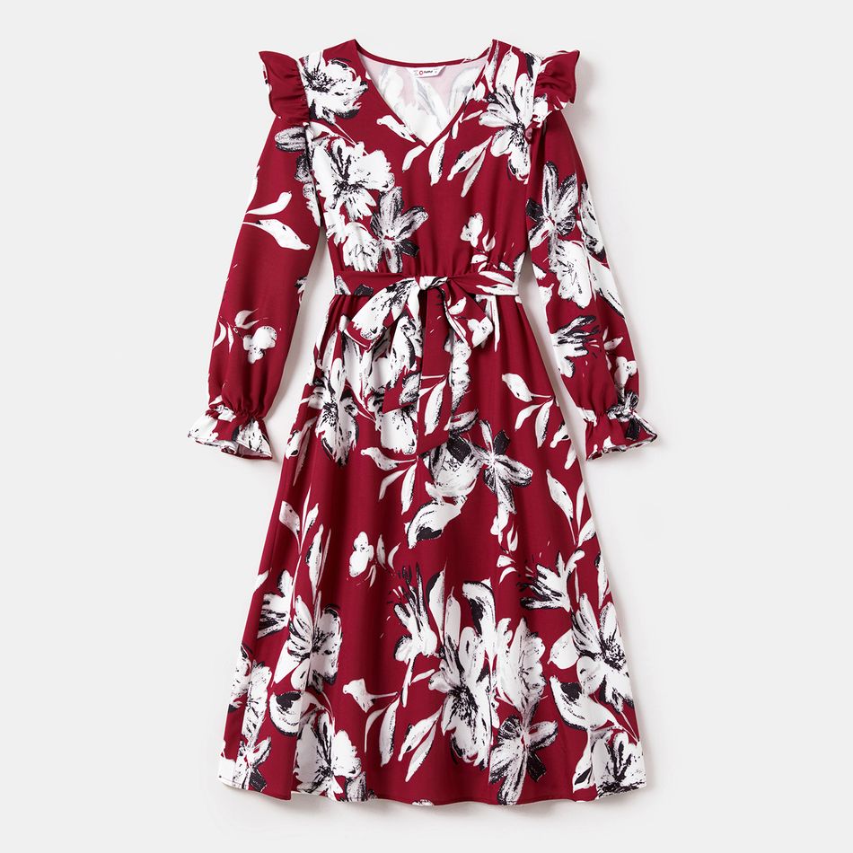 Family Matching Allover Floral Print Belted Dresses and Colorblock Raglan-sleeve T-shirts Sets WineRed big image 2