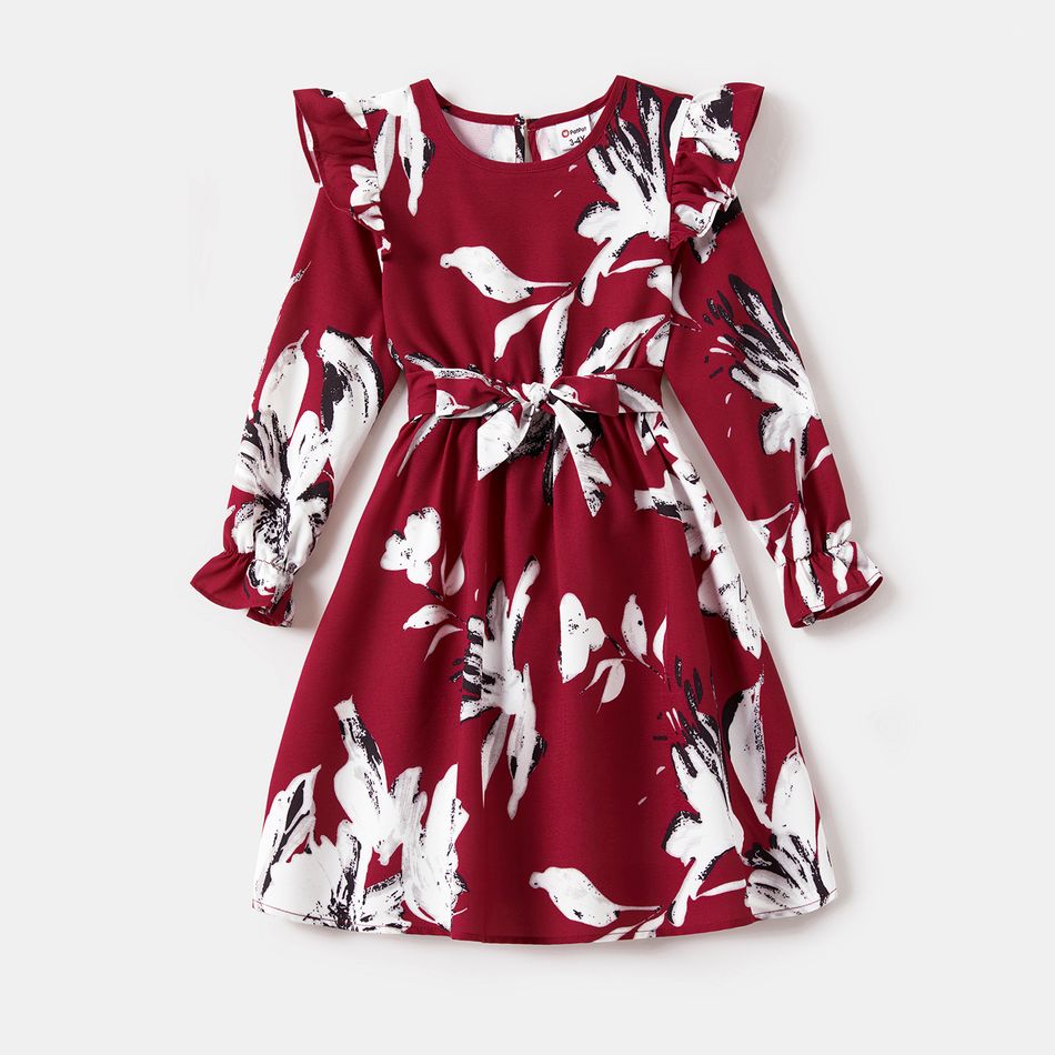 Family Matching Allover Floral Print Belted Dresses and Colorblock Raglan-sleeve T-shirts Sets WineRed big image 5