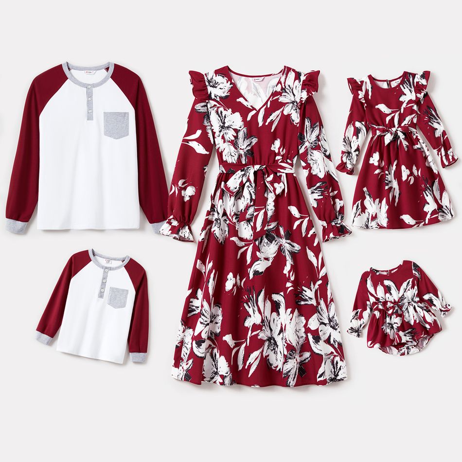 Family Matching Allover Floral Print Belted Dresses and Colorblock Raglan-sleeve T-shirts Sets WineRed